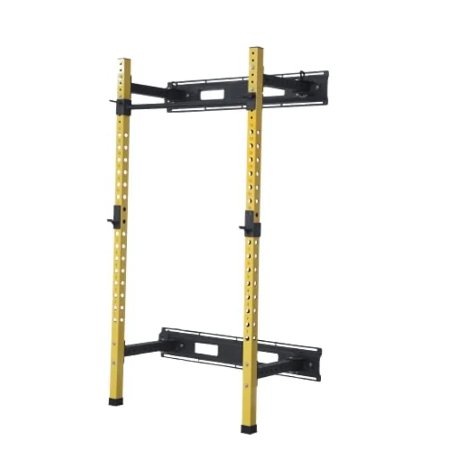 Home gym wall-mounted folding squat rack and power rack with pull up bar J hooks, steel construction, black finish, space-savin
