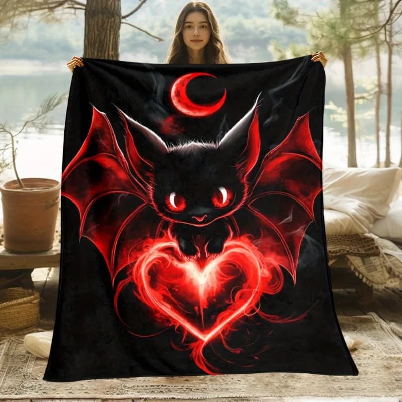 Gothic style bat and heart patterns Flannel printed blanket suitable all seasons suitable for living room office sofa and travel