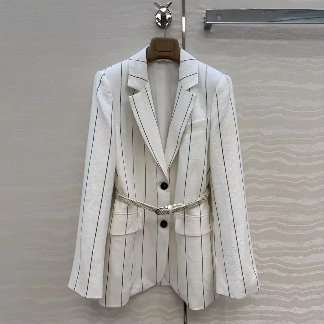 Blazer in Lino a Righe Stile Old Money da Donna, Giacca Elegante Monopetto con Scollo a Revers e Cintura all'Uncinetto a Maniche Lunghe per Ufficio