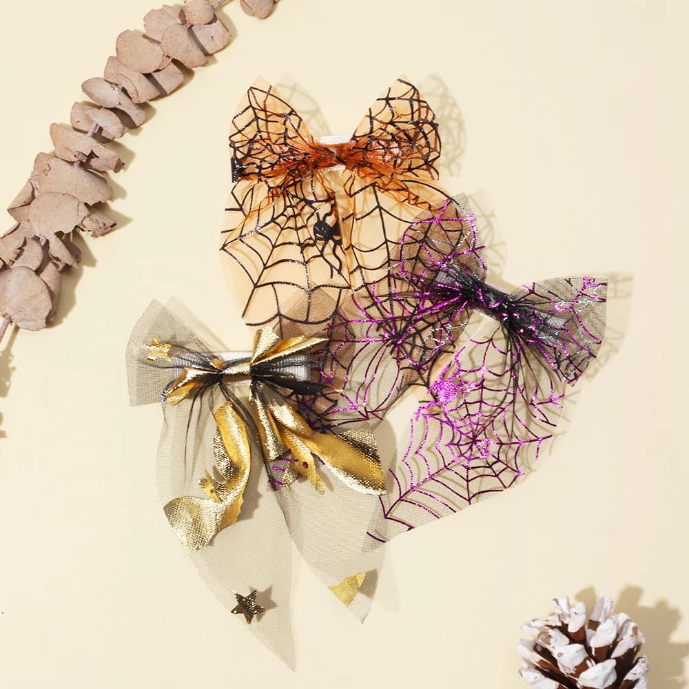 Spider web Prints Bow Hair Clips Women Gold Star Heart Stamp Bows Barrettes Mesh Bow Girls Fable Bow Hairpins Halloween Headwear