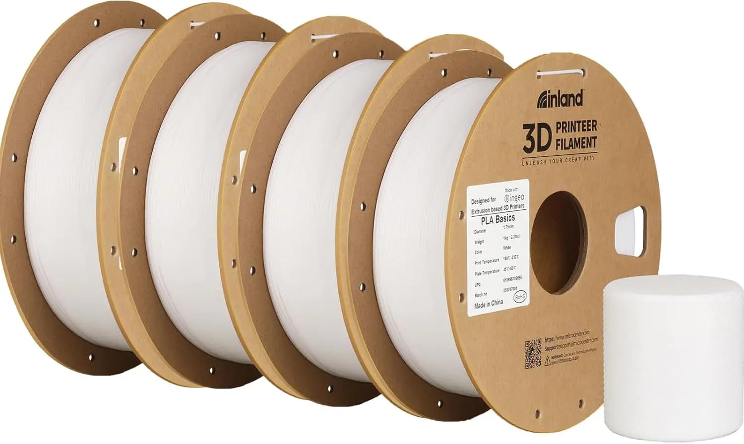Filamento PLA 1.75mm, Bobina da 1kg - Alta Precisione ±0.02mm, Avvolgimento Ordinato per Stampanti FDM (Bianco, Confezione da 4)