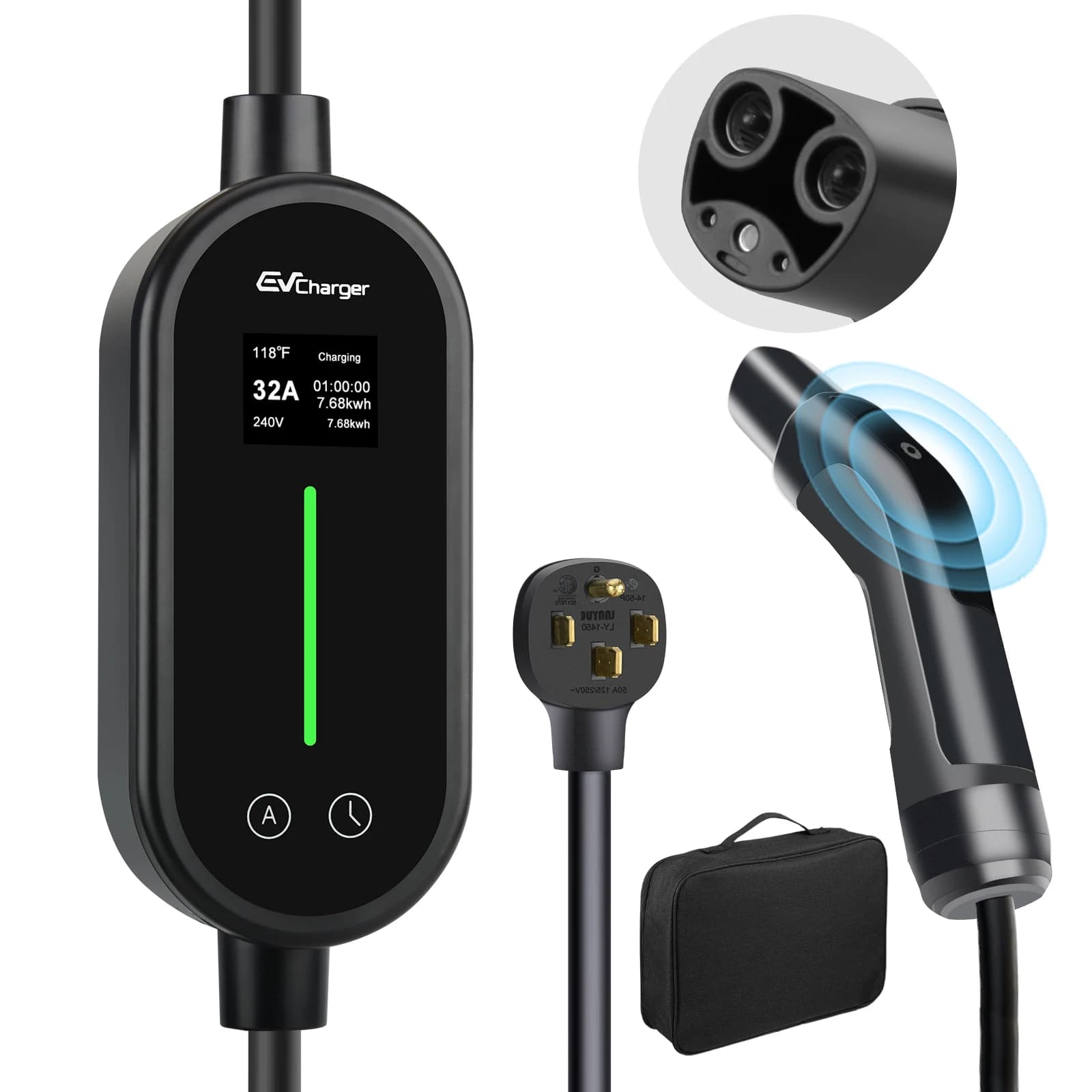 Junsun Portable EV Charger Level 1&2 32A Electric Vehicle Charging Station with 20FT Cable, NACS Connector & NEMA 14-50P/5-15P Plug, Adjustable Current Smart EVSE Home Travel Car Charger Compatible with Tesla Model S/3/X/Y