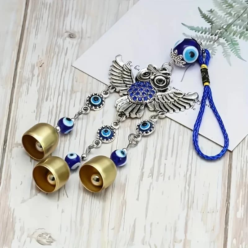 1pc Blue Eye Spread Wing Owl Bell Wind Chime for Outdoor Courtyard Corridor Window Lattice Wall Car Decoration Birthday Gift