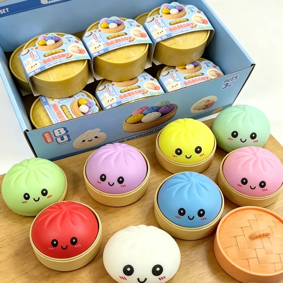 Dumpling Glitter Colorato con Scatola, Giocattolo Sensoriale Antistress a Forma di Dumpling, Pallina di Pasta da Spremere