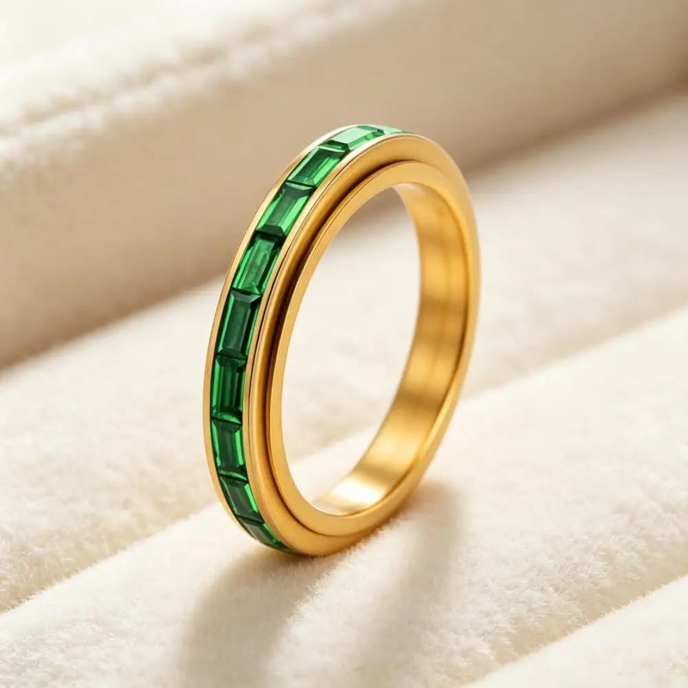 3MM Rotating Stainless Steel Spinner Rings For Women Female Small Rectangle Green Rhinestone Gold Color Wedding Bands Jewelry
