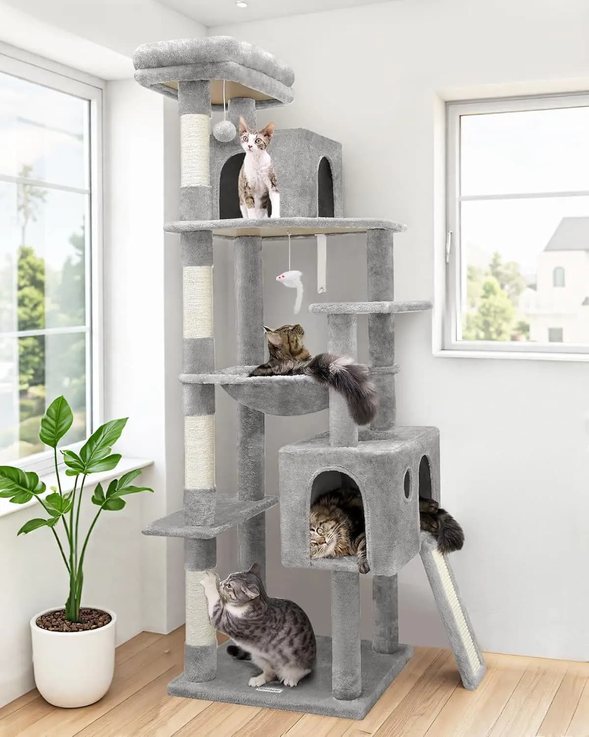 Albero per gatti resistente da 70 pollici con tiragraffi, amaca e condominio per gatti di grandi dimensioni da interni - Grigio chiaro