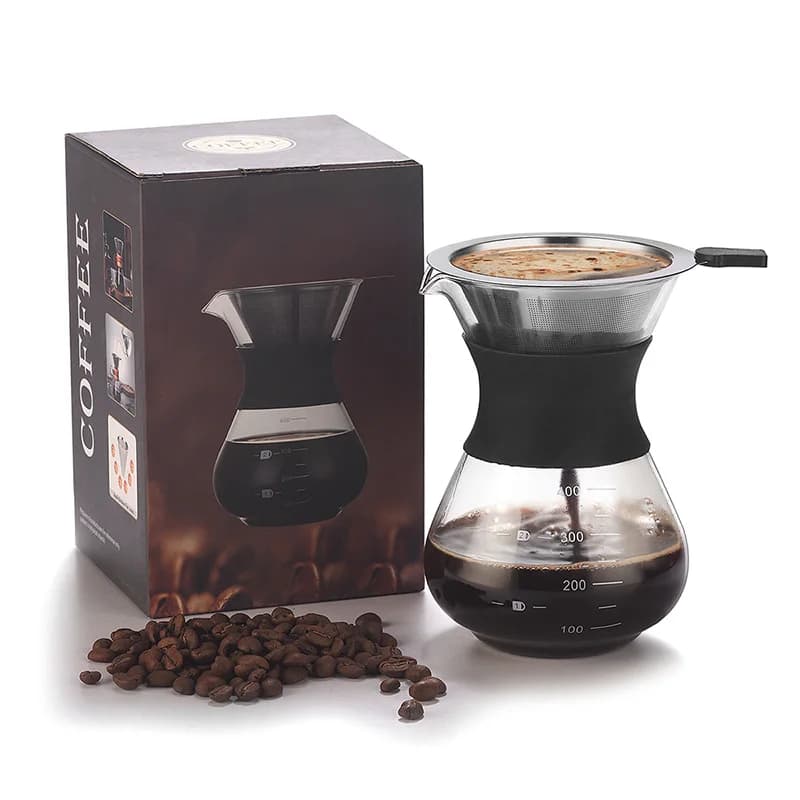 Set versare sopra la caffettiera con filtro riutilizzabile in acciaio inossidabile Elegante caffettiera gocciolatore, caraffa in vetro permanente per il campeggio