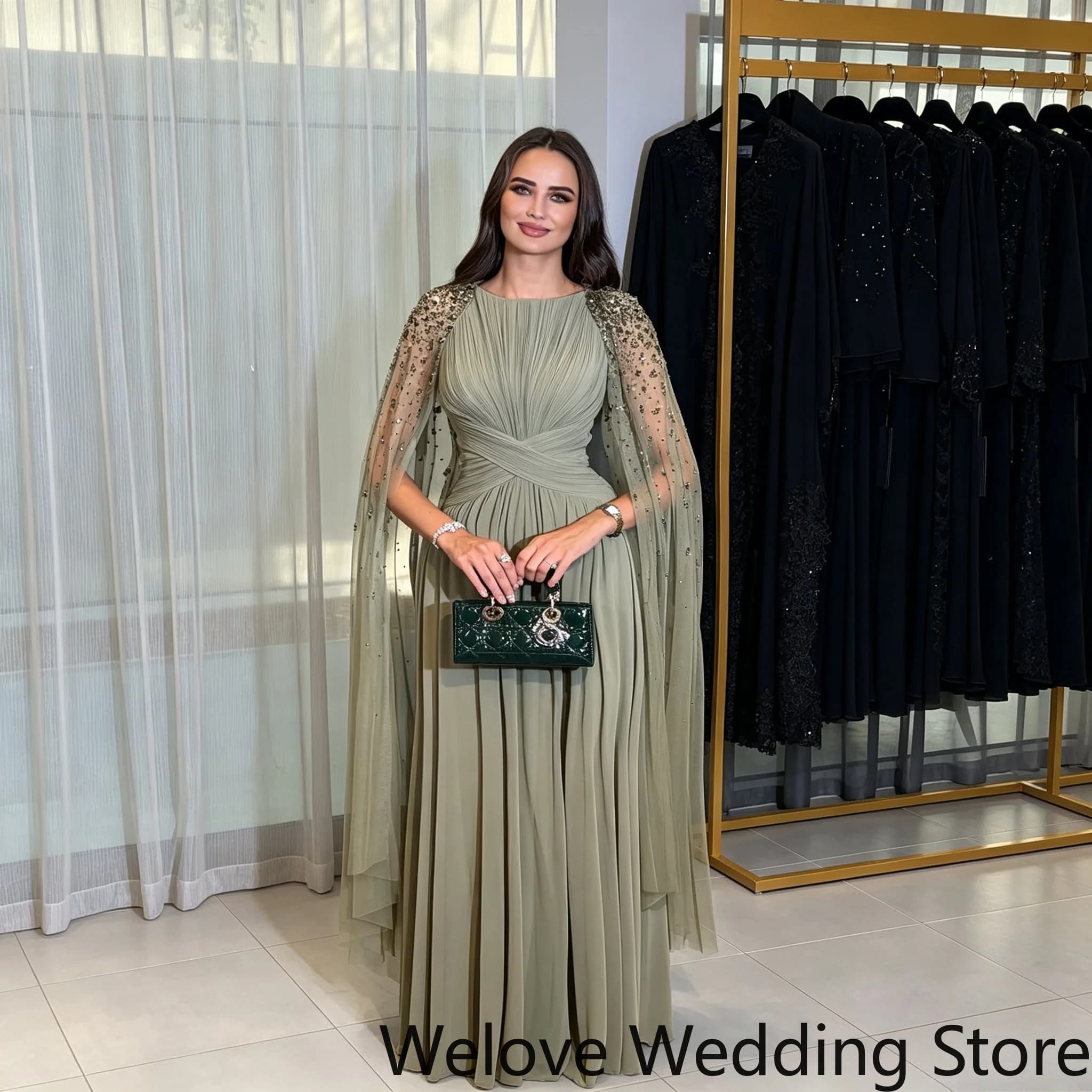 Customized Elegant Sage Green Formal Evening Dress Round Neck Vertical Pleated Bodice Cross Ruched Waist Sparkling Rhinestone