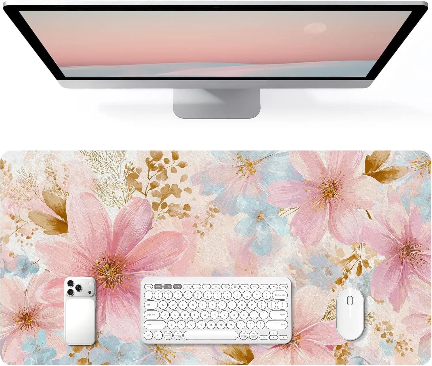 Tappetino da Scrivania Floreale Acquerello Rosa Pastello e Blu, 80x40 cm, Tappetino per Tastiera e Mouse in Pelle PU Antiscivolo per Ufficio e Gaming