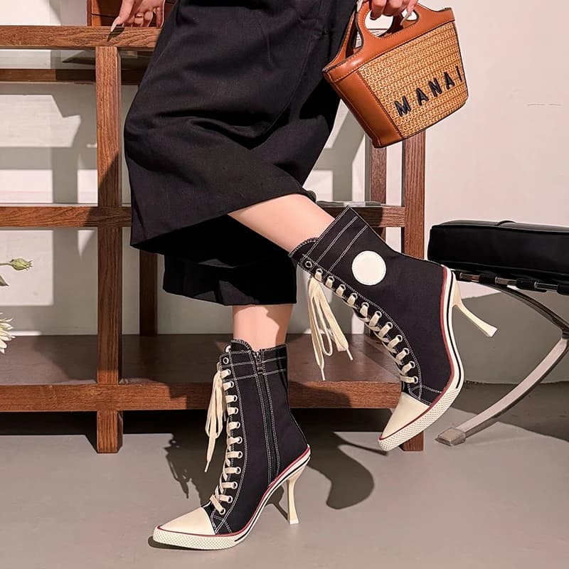 Pointed Canvas High-Heel Ankle Boots Vintage Lace-Up Side Zipper Slim Heel Niche Design Hot Girl Mid-Calf Boots
