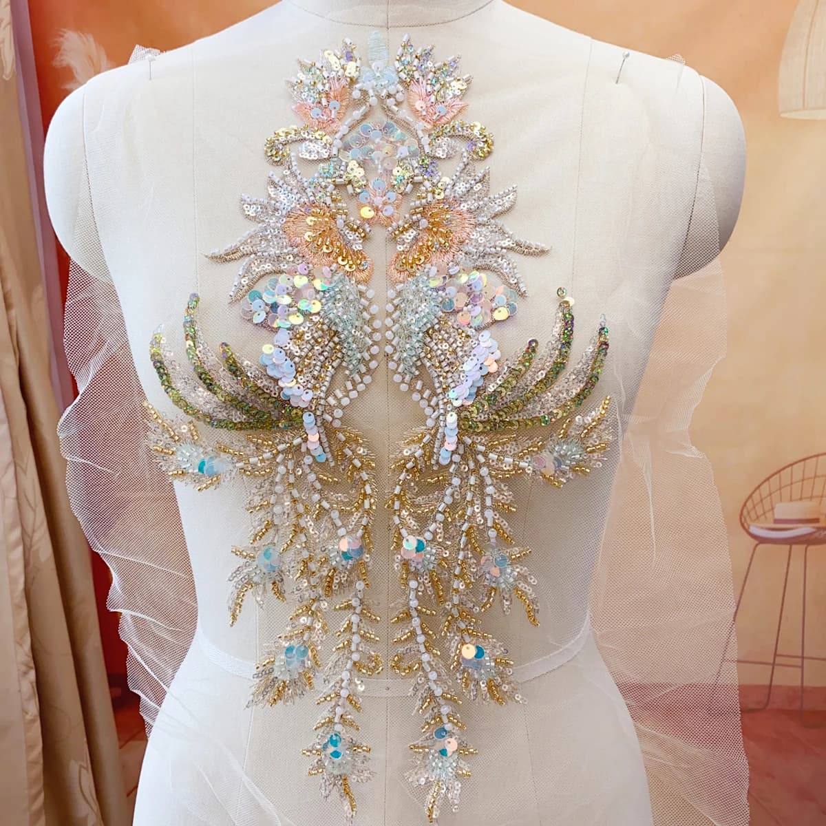 Champagne Oro Pesce Scaglie Paillettes Perline Ricamo Copricapo in pizzo Costume da prestazione Cintura Hanfu Accessori per la decorazione dello sfondo