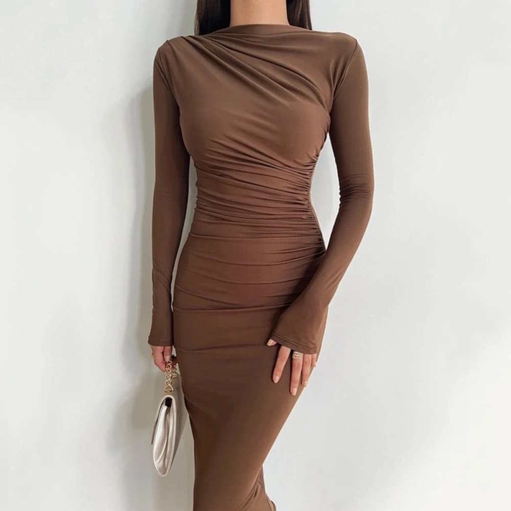 Abito longuette a maniche lunghe aderente sexy donna 2024 autunno sottile solido pacchetto partito abiti eleganti all'anca per le donne Robe Femme