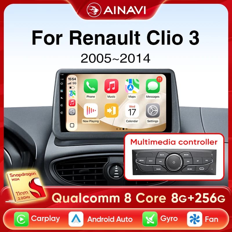 Ainavi Autoradio per Renault Clio 3 2005-2014 Wireless CarPlay Android Auto 4G Lettore multimediale Navigazione GPS 2din Autoradio
