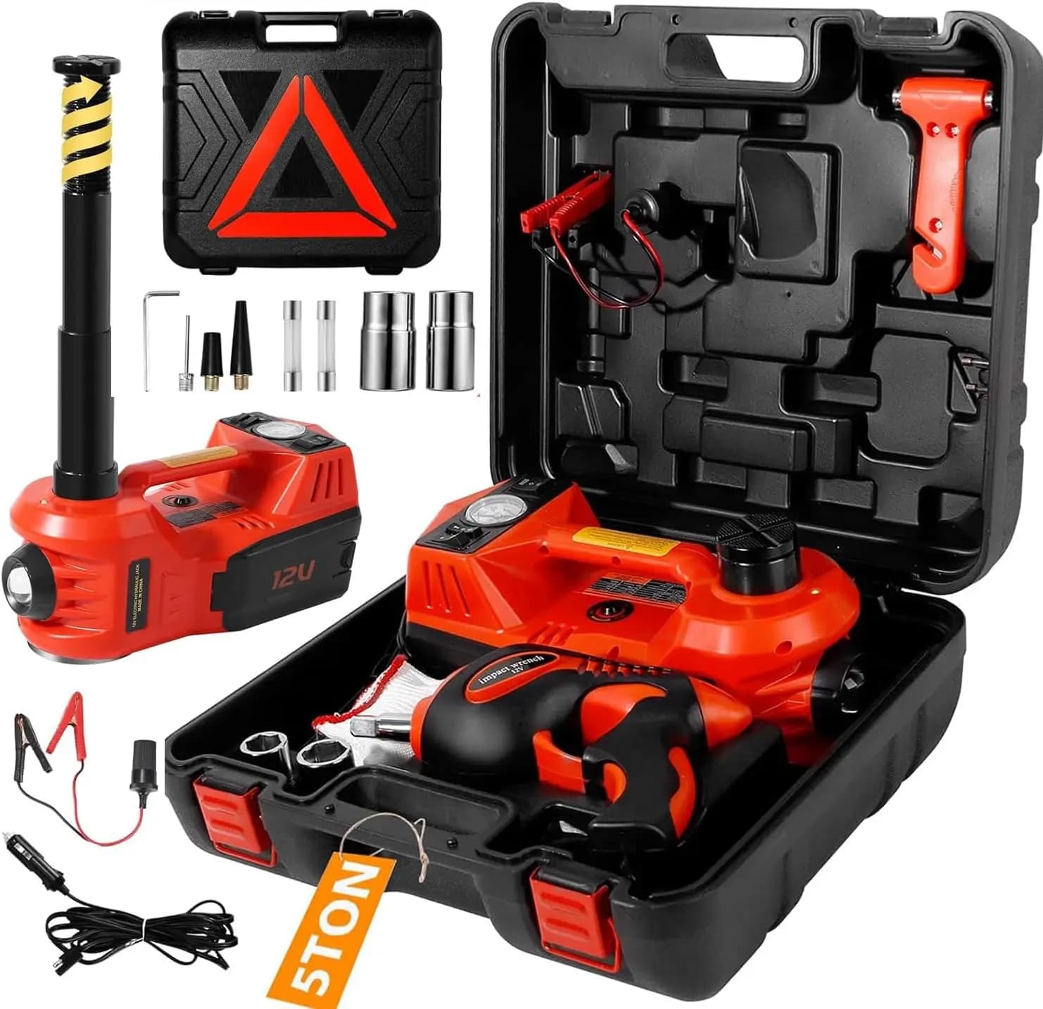 Kit Cric Elettrico da 5 Tonnellate 12V con Avvitatore a Impulsi, Pompa Gonfiagomme, Luce LED per SUV e Berlina, Altezza di Sollevamento 6-17.7 Pollici