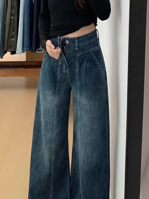 High Waist Fleece Lined Wide Leg Jeans Women's Autumn Winter plus Size Pear Shape Body Retro Loose Slimming Straight Cut Jeans