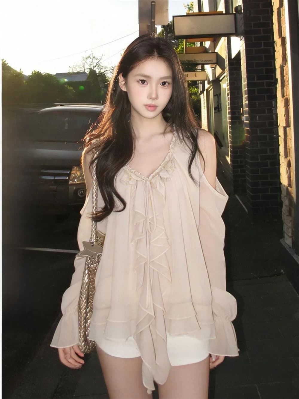 Elegante Camicetta in Chiffon da Donna a Maniche Lunghe con Pizzo e Spalle Scoperte, Stile Primaverile Estivo Nuovo