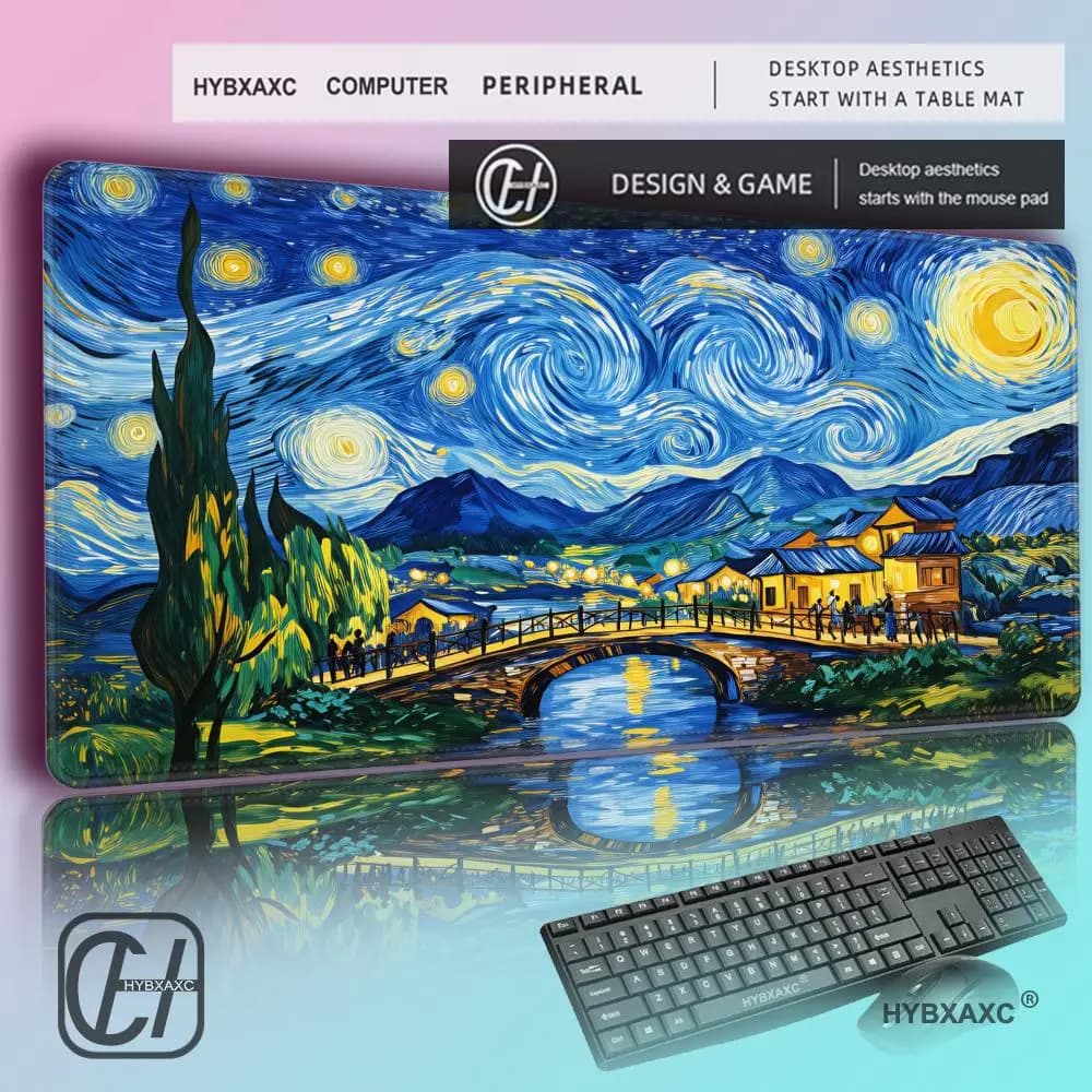HYBXAXC Van Gogh The Starry Night Large Mouse Pad Art Oil Painting Desk Mat Non-slip Gaming Keyboard Pad