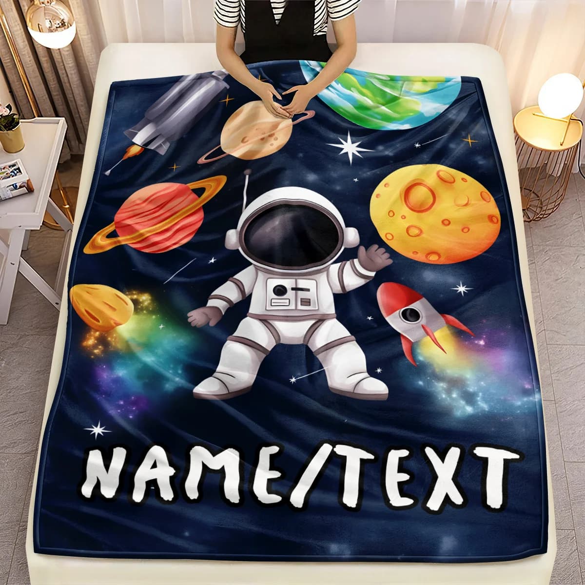 Customizable Space Themed Flannel Blanket - A Soft and Lightweight Parabolic Blanket with Astronaut and Planetary Designs