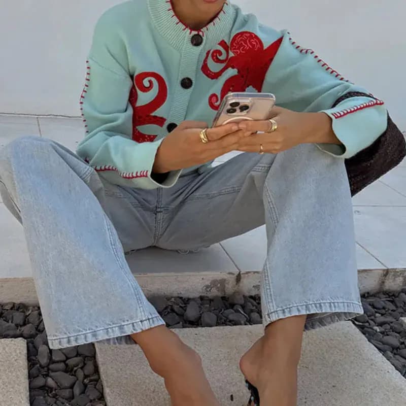 Autumn Elegant O-neck Knitted Cardigan Coats Women Casual Long Sleeve Winter Sweaters Fashion Soft Warm Octopus Print Jackets