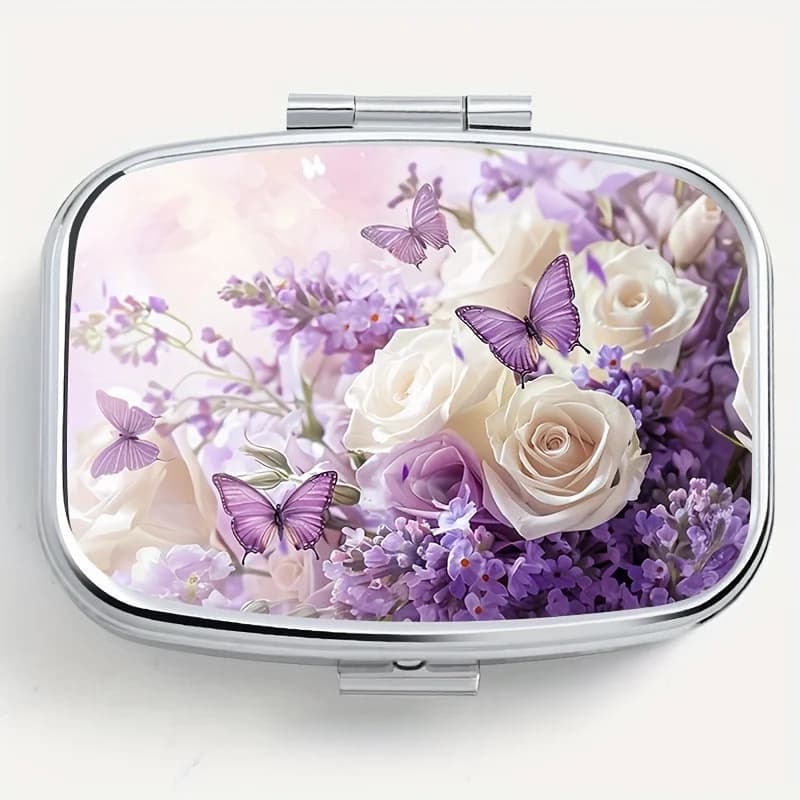 1pc Purple Butterfly Floral Pattern Decorated Square Medicine Box with 2 Compartments, Portable Metal Medicine Box Suitable for Pockets Or Wallets, Compact Earring Jewelry Storage Box, Unique Holiday Gift