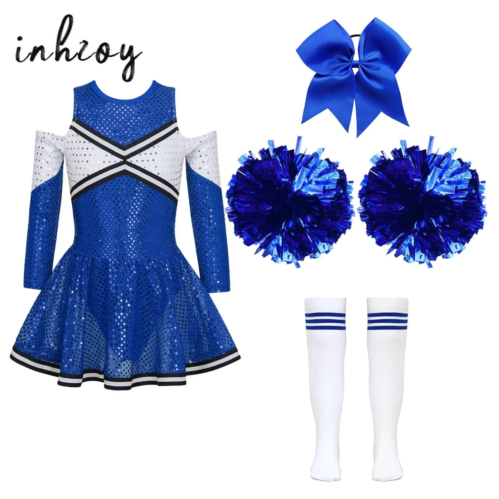 Costume da cheerleader per ragazze per bambini Halloween Cosplay Cheerleader Abiti da ballo Abito con paillettes con pompon Set di calzini con fermaglio per capelli