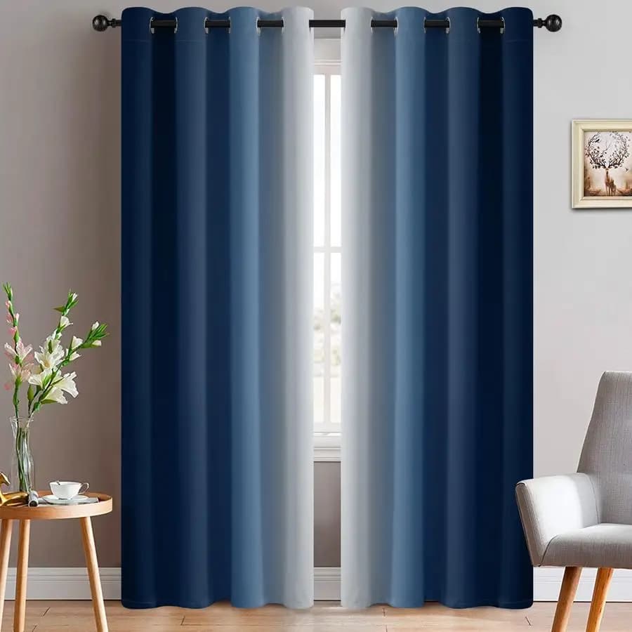Bright Blue and White Grey Curtains, Dark Curtains for Bedroom, Thermal Insulating and Windproof