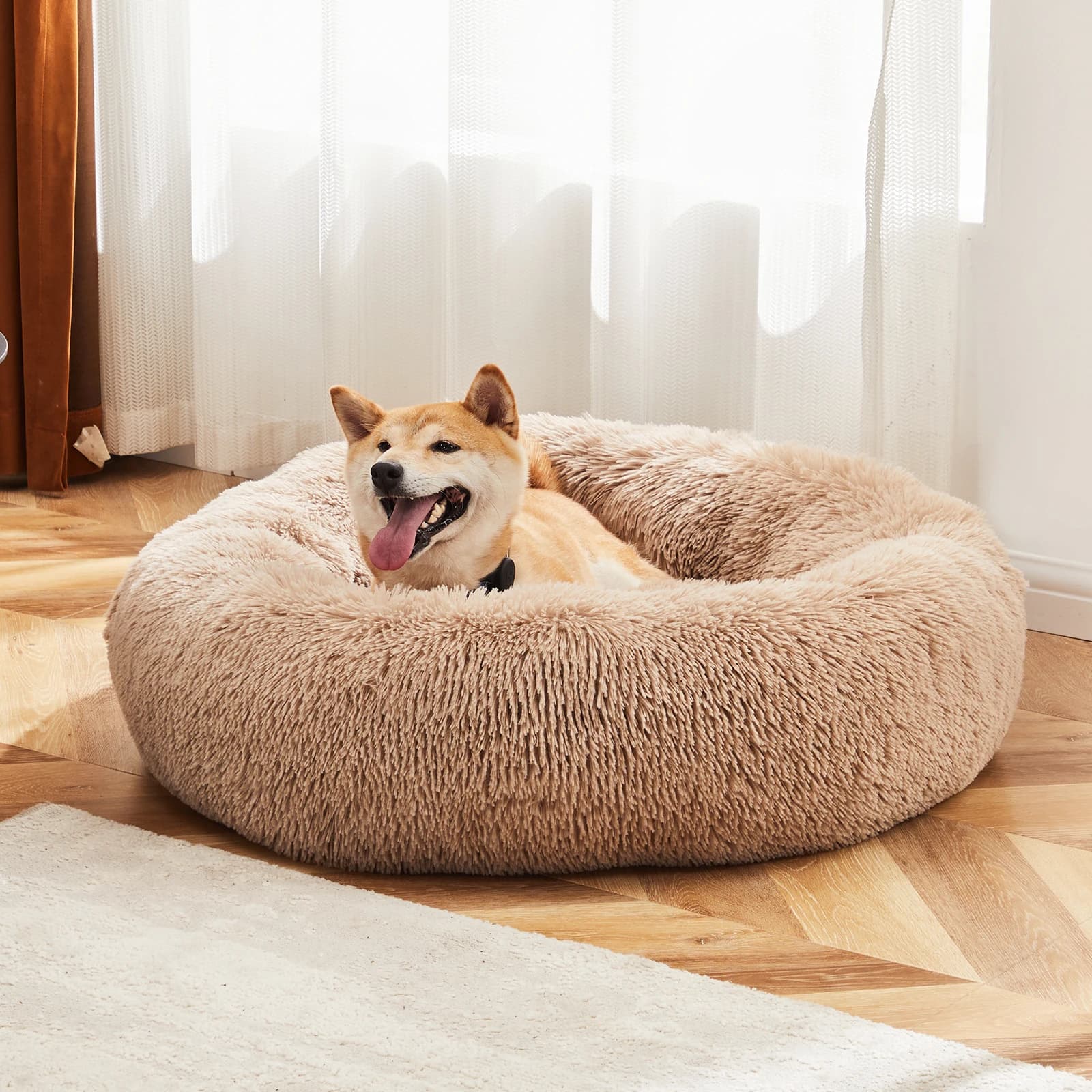 JHK Calming Dog Bed for Medium to Large Dogs Washable Large Pet Bed Anti-Slip Round Fluffy Plush Faux Fur Dog Bed