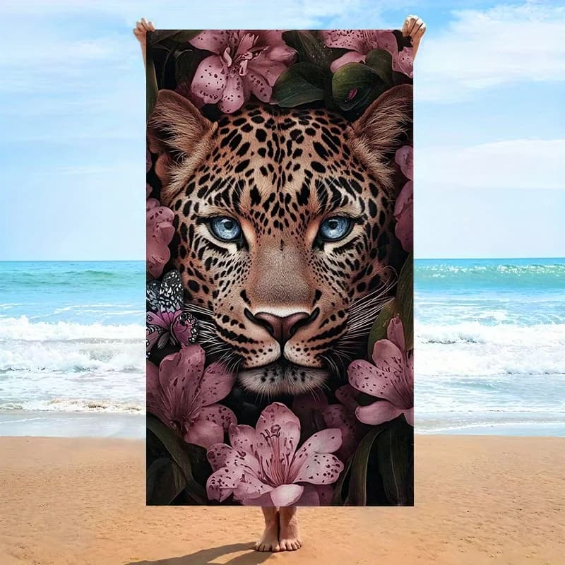 Asciugamano con Faccia di Leopardo, Occhi Blu e Motivi Floreali Rosa, Morbido Microfibra Oversize per Piscina, Spa e Viaggi