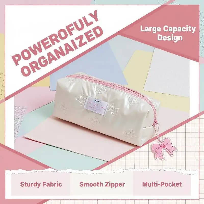 White Soft Pencil Pouch with Lovely Pink Bow Charm Large Capacity Stationery Holder for Kids Students Daily Use