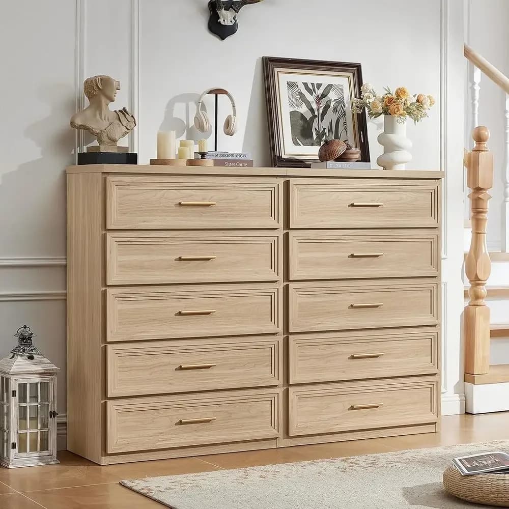 5-Shelf 45 Tall Wood Closet Organizer with Metal Handles for Bedroom, Living Room, or Hallway in Natural Finish