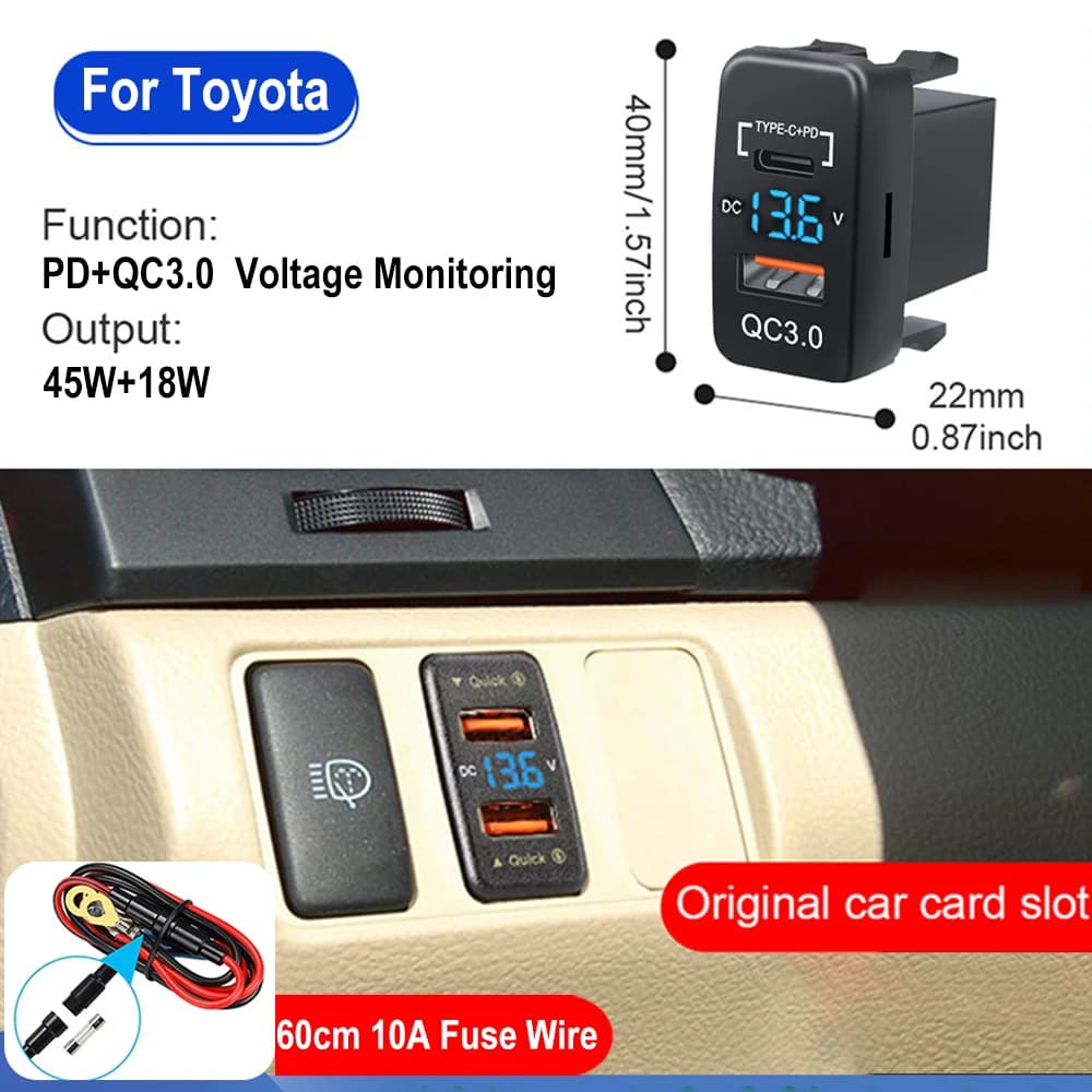 Adattatore per presa per caricabatteria da auto 12V-24V Doppie porte USB Presa per caricabatterie rapido con display di tensione per accessori auto Toyota 40X22mm