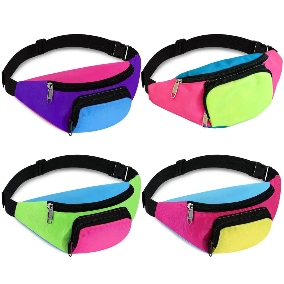 4 Pcs Retro 80s 90s Fanny Pack Retro Belt Bag 2 Pockets Neon Fanny Small Waist Packs for Jogging Traveling Carnival Party Costum