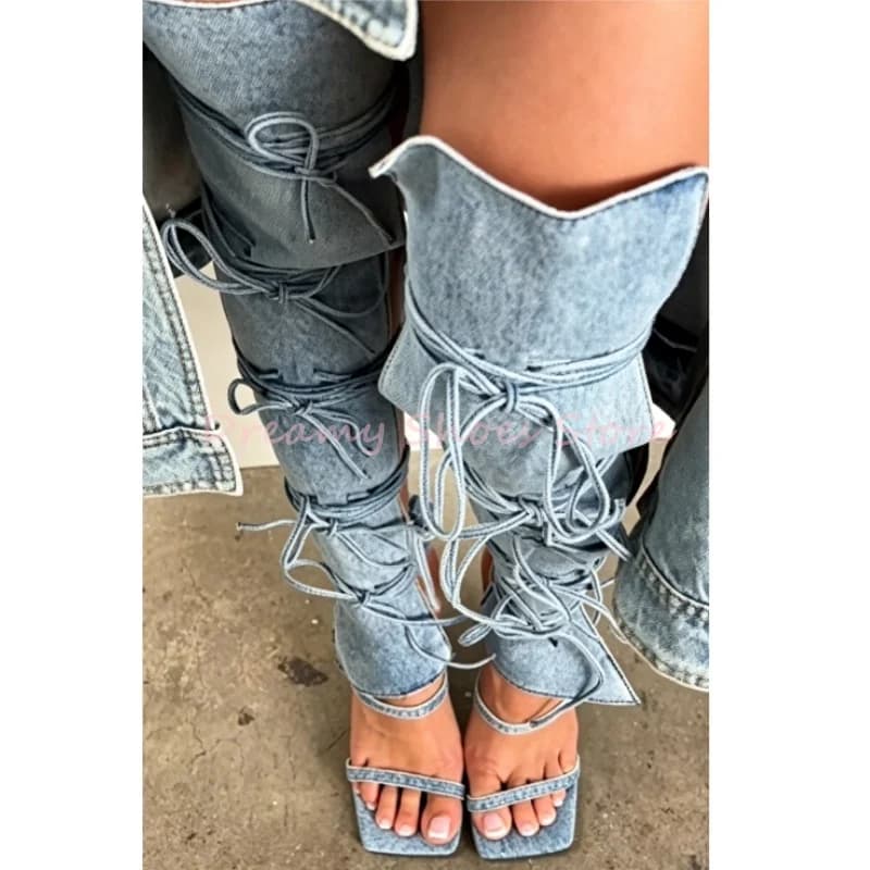 Blue Denim Lace Up Open Toe Hollow Sandals Boots Women Solid Strappy Leather Thigh High Boots Sexy Hot Chick Party Summer Shoes