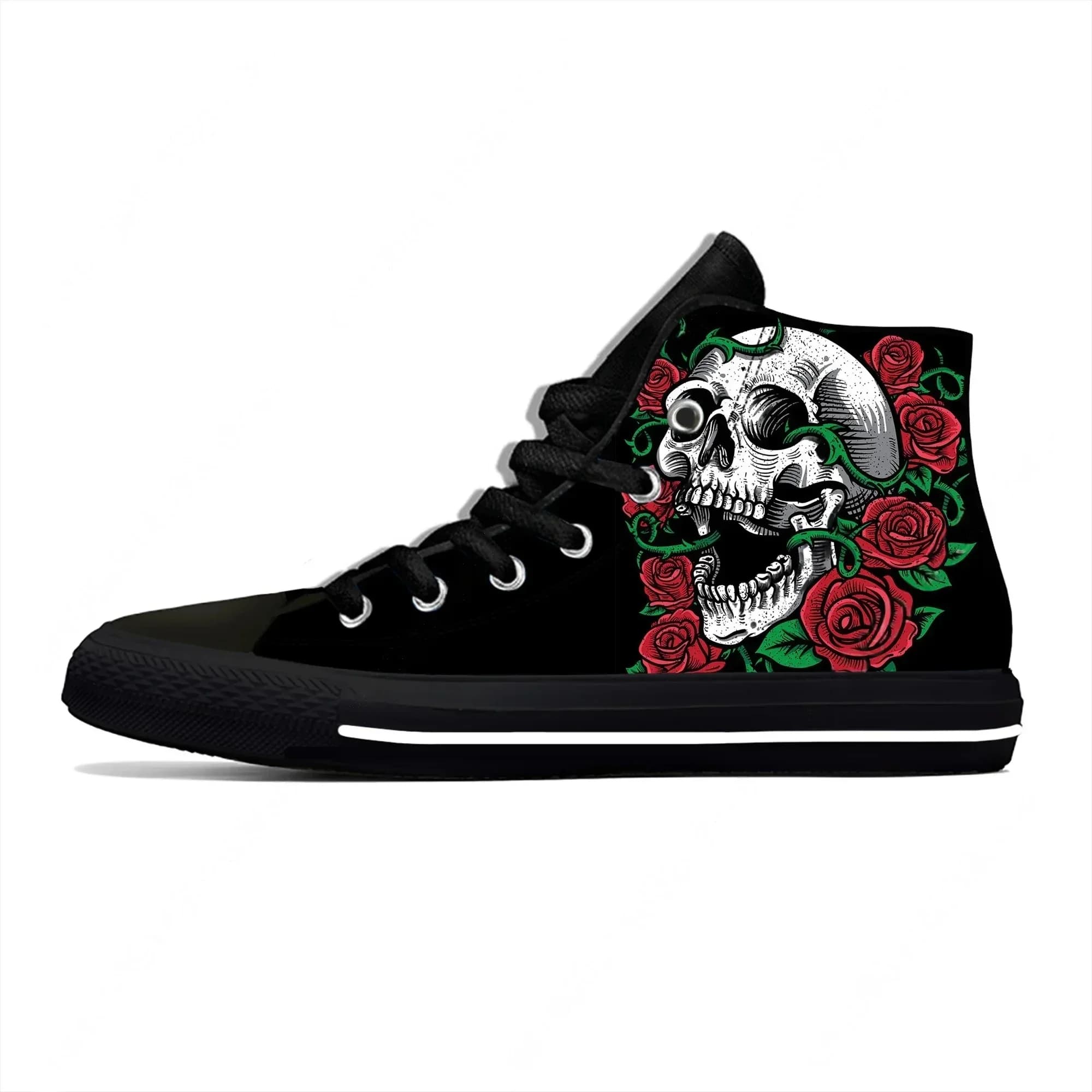 High sneakers with skulls and roses, for men and women, casual, canvas, racing, 3D printed, breathable and lightweight