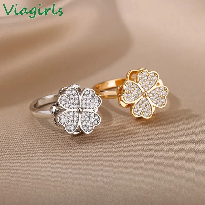 Spinner Zircone Cuore Quadrifoglio Anelli per le donne Acciaio inossidabile Antistress Ansia Fidget Anello Gioielli Regali di Natale