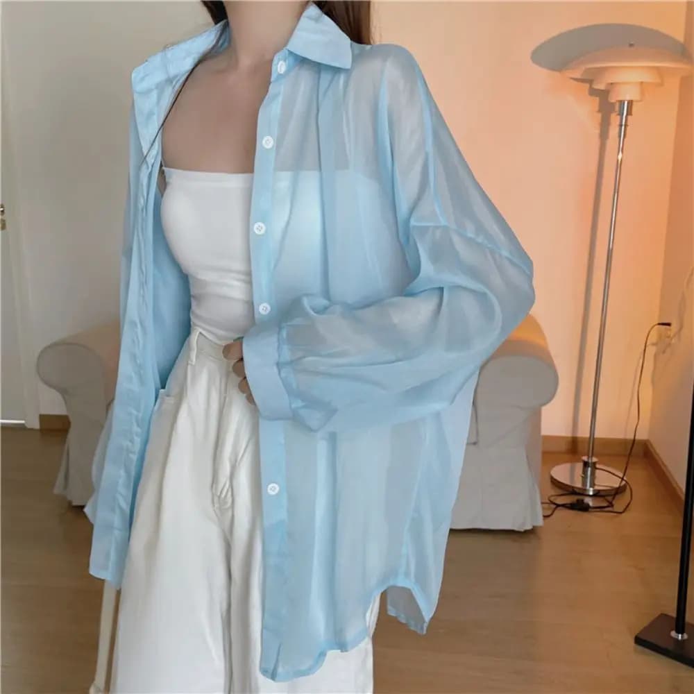 Women's Casual Shirt with Solar Protection Long Sleeved blouse in Solid Color Slim Summer Cardigan loose in Women's Chiffon