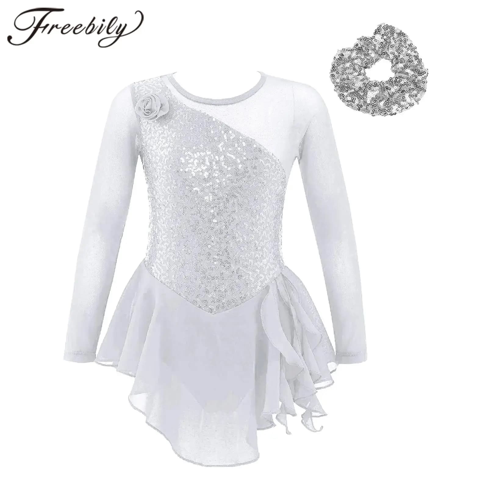 Abito da pattinaggio artistico floreale per bambina, ritagli sul retro, maniche lunghe, paillettes, balletto, ginnastica, body, sala da ballo, costume da ballo