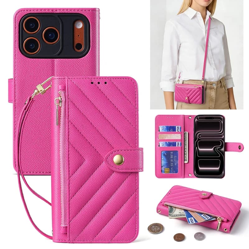 Custodia a Libro in Pelle con Cerniera, Scomparti per Carte, Funzione Kickstand e Laccetto, per iPhone 17 Pro Max 16 Plus 15 14 13