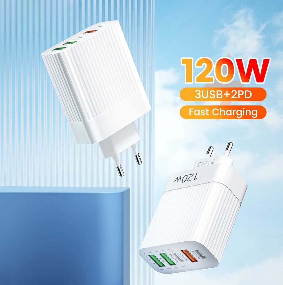 Caricatore USB a 5 Porte da 120W con QC 3.0 e Tipo C PD per Ricarica Rapida di iPhone16 15 14 Samsung Xiaomi POCO, Caricabatterie da Muro EU/US