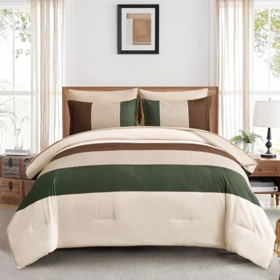 Set Copripiumino a Righe Stile Boho, Set Biancheria da Letto a Righe 7 Pezzi, Set Completo per Letto in Microfibra Morbida Alternativa alla Piuma, Stile Rustico