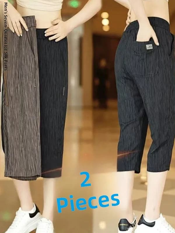 Pantaloncini da uomo in seta ghiaccio, estivi, sottili, a gamba dritta, a sette ottavi, casual, sportivi, di tendenza, abbinabili, traspiranti in poliestere