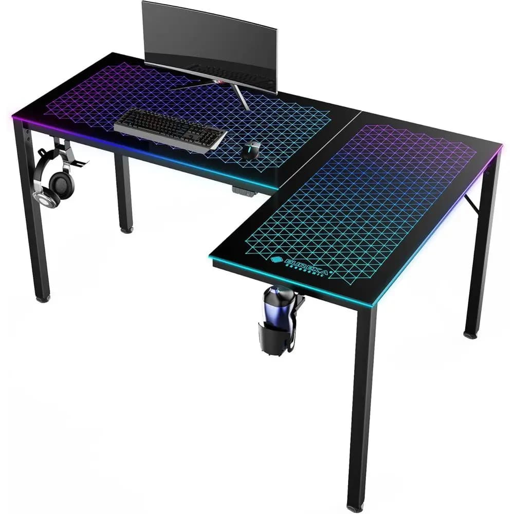 Scrivania da Gaming e Ufficio a L da 60 Pollici con Piano in Vetro Reversibile e Luci LED RGB