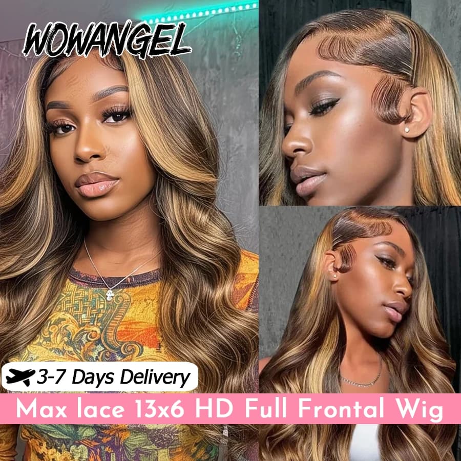 WOWANGEL Honey Blonde Highlight Wigs 13x6 HD Lace Front Wigs P4/27 Body Wave Human Hair Wigs Pre Plucked Glueless Wigs For Women