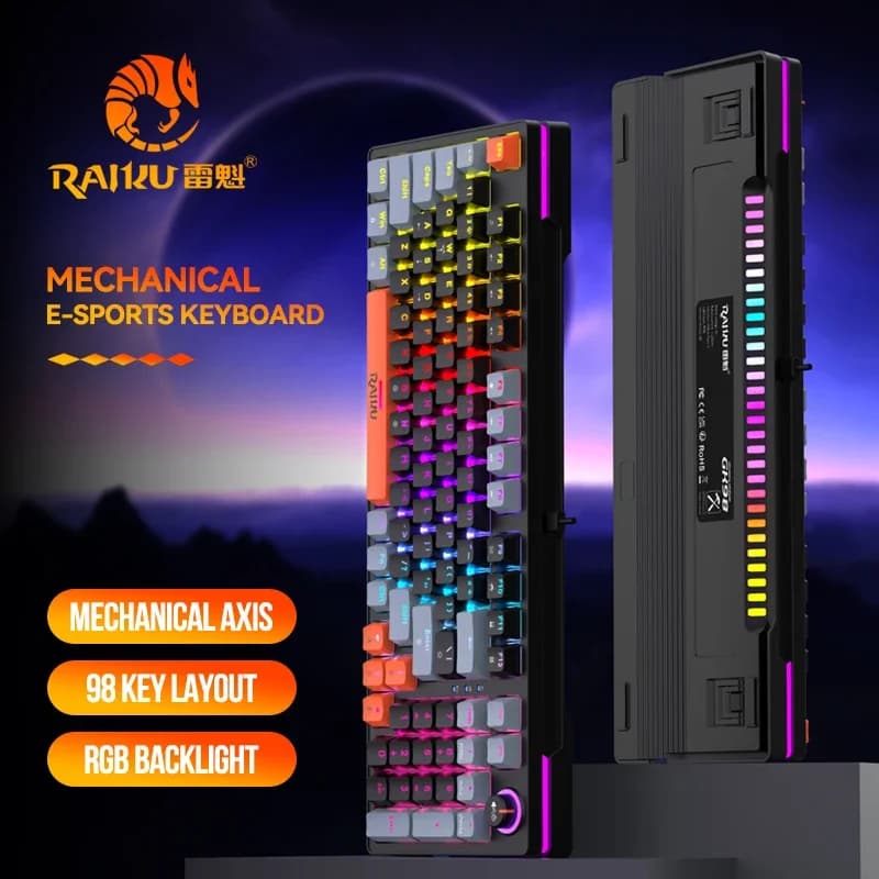 Tastiera da gioco cablata GK98 Tastiera meccanica retroilluminata RGB arcobaleno 98 tasti con manopola multimediale, interruttori blu retroilluminati USB