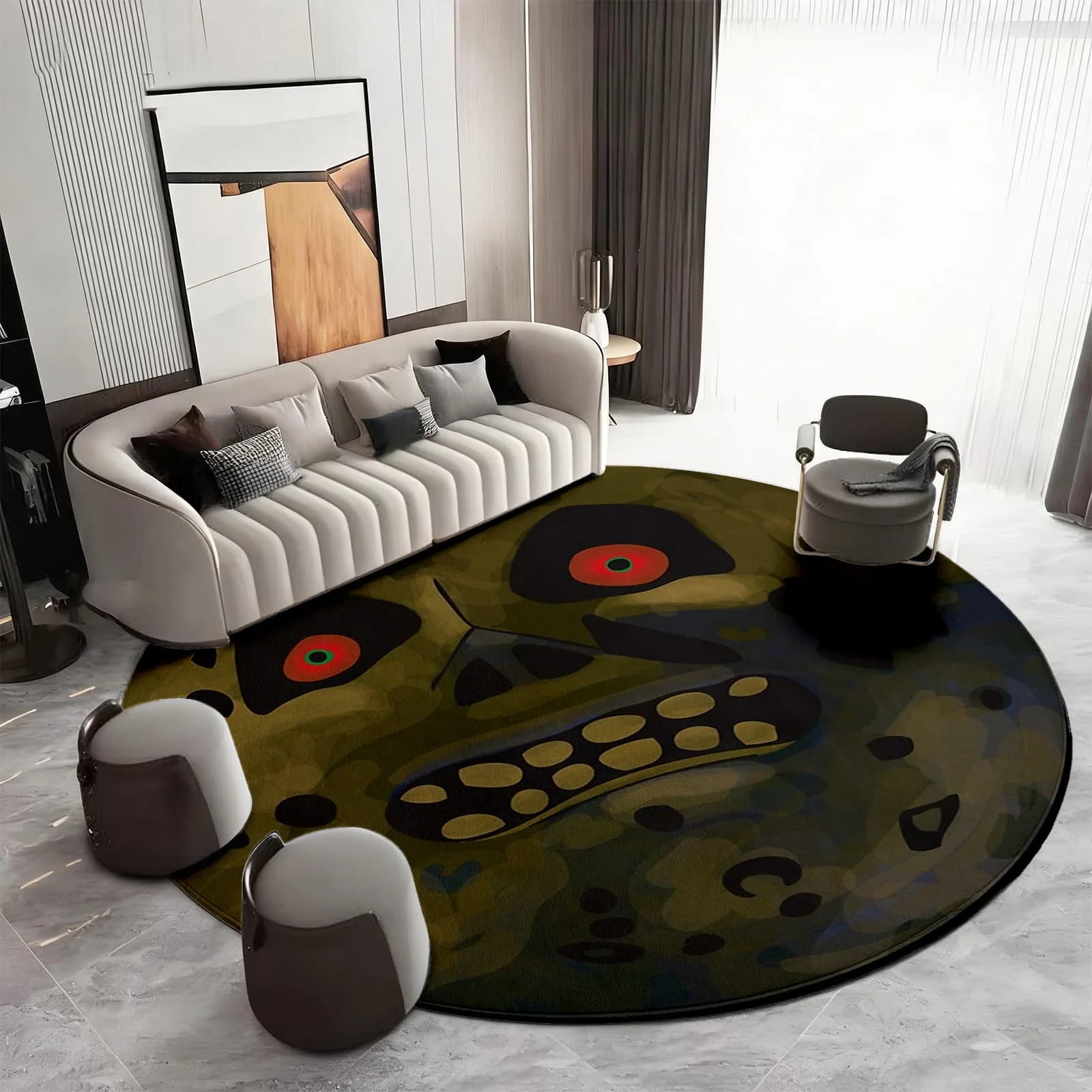 Modern Abstract Geometric Round Area Rug for Living Room Boho Decor Luxury Accent Mat Carpet Cushion Sofa Home Style Greige Patt