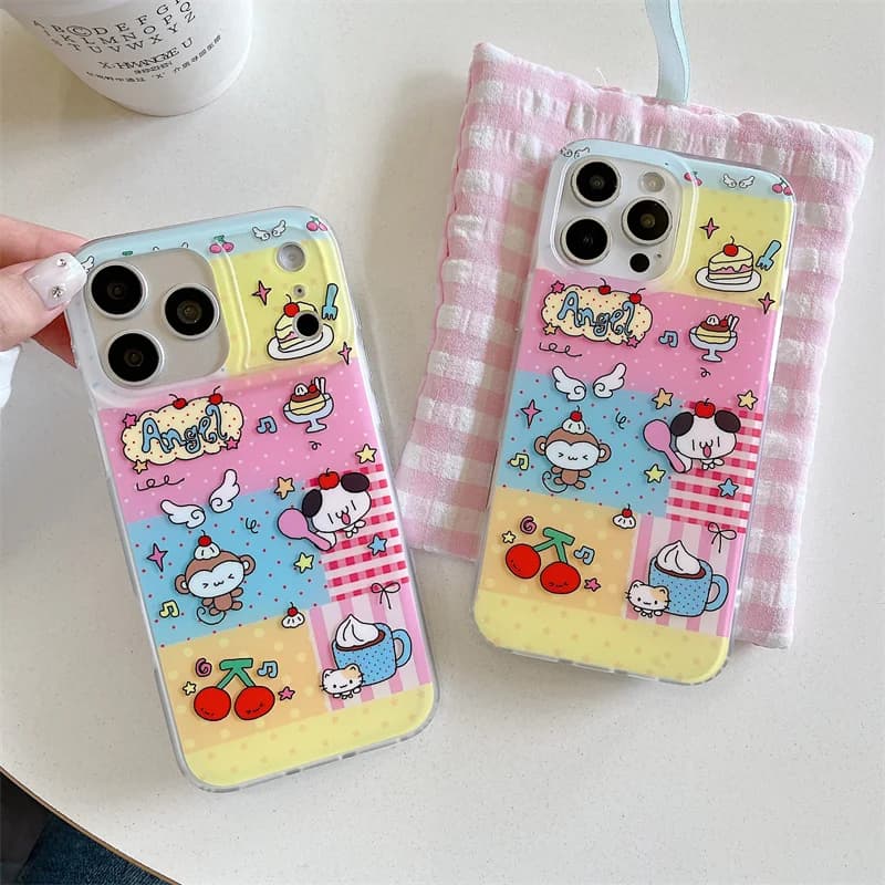 Custodia Protettiva Antiurto Kawaii con Stampa Cartoon Patchwork Colorato per iPhone 14 15 16 17 Pro Max