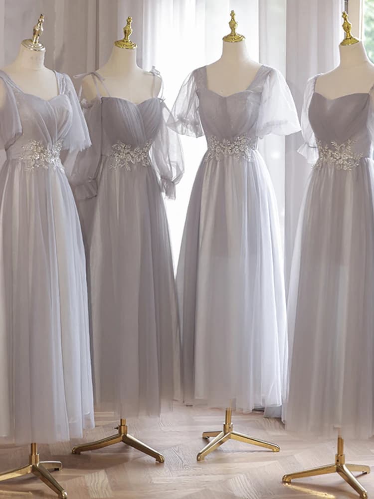 Abito da damigella grigio 2026, nuovo stile, abito da gruppo per sorelle, abito da sera in rete per laurea, abito da donna leggero di lusso stile fiabesco