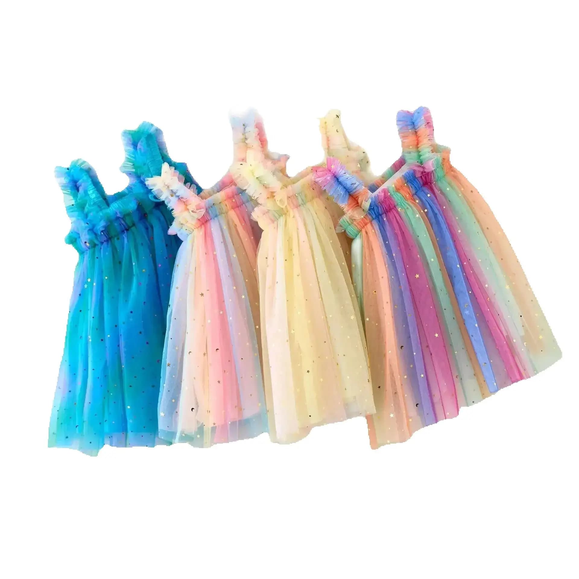 Estate 2025 Ragazze Paillettes Stella Strisce arcobaleno Maglia Sling Abiti Bambino Foto del bambino Abito da principessa gonfio 1-6 anni