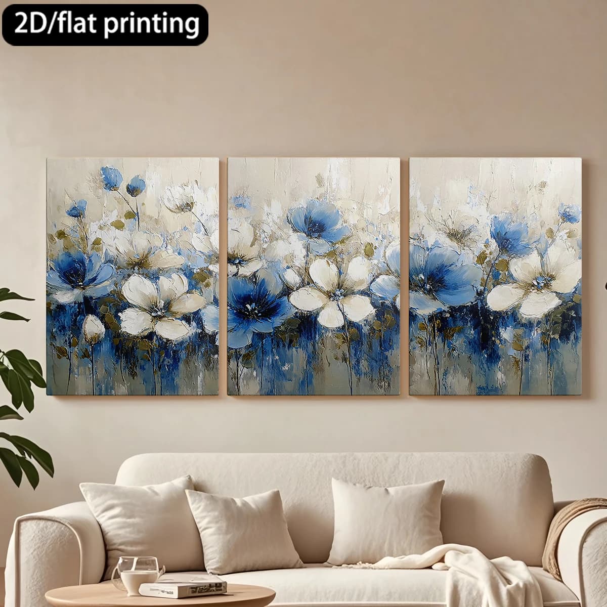 Stampa piatta 2D, tela con cornice in legno in 3 pezzi, pittura decorativa, pittura a olio, fiori bianchi e blu. Decorazione per camera da letto e corridoio.