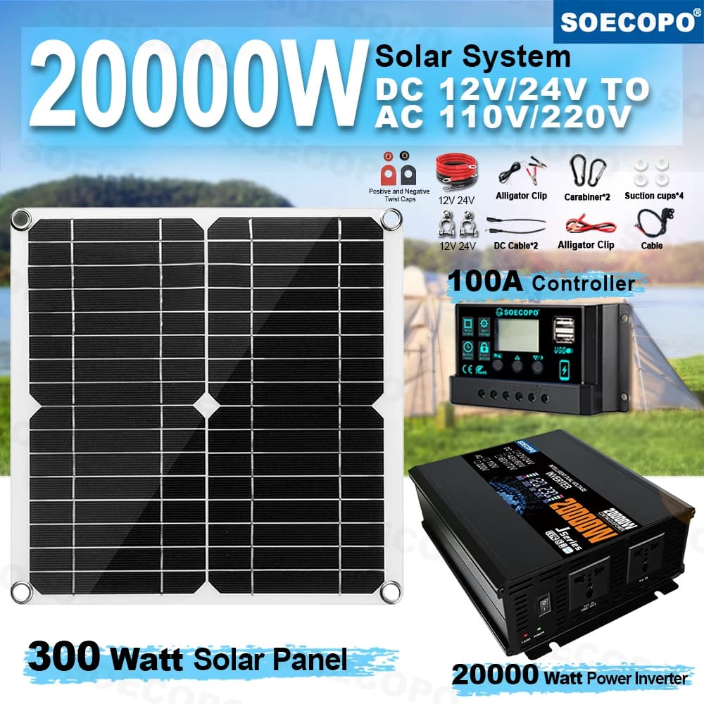 Opzione Economica Power Bank SOECOPO 20000W di Picco, Kit Solare con Pannello 300W, Regolatore 100A, Inverter 110V/220V per Luci da Festa